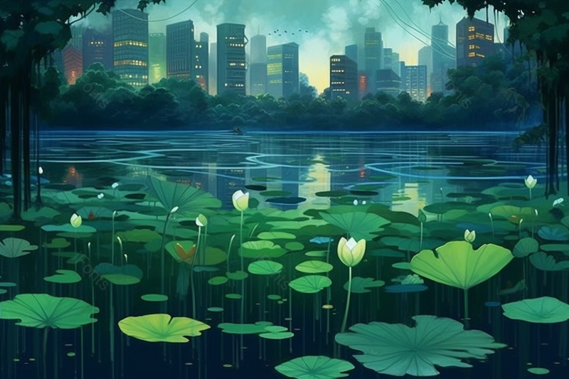 夏天夜晚荷花池风景手绘插画,插画/手绘图,插画/手绘图库,插画/手绘图下载,插画/手绘